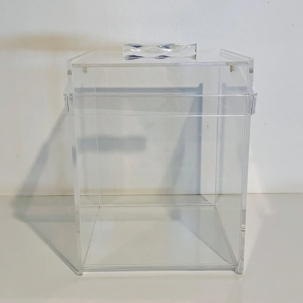 Clear Transparent Lucite Acrylic Rectangular Lidded Box with Handle Vintage MCM